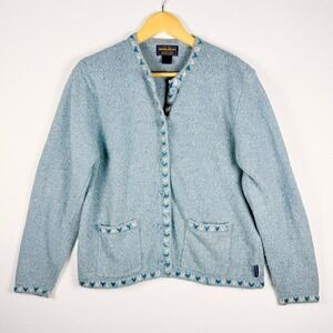Vtg Woolrich Womens Blue Wool Blend Cardigan Sweater Large Folk Alpine Cottage